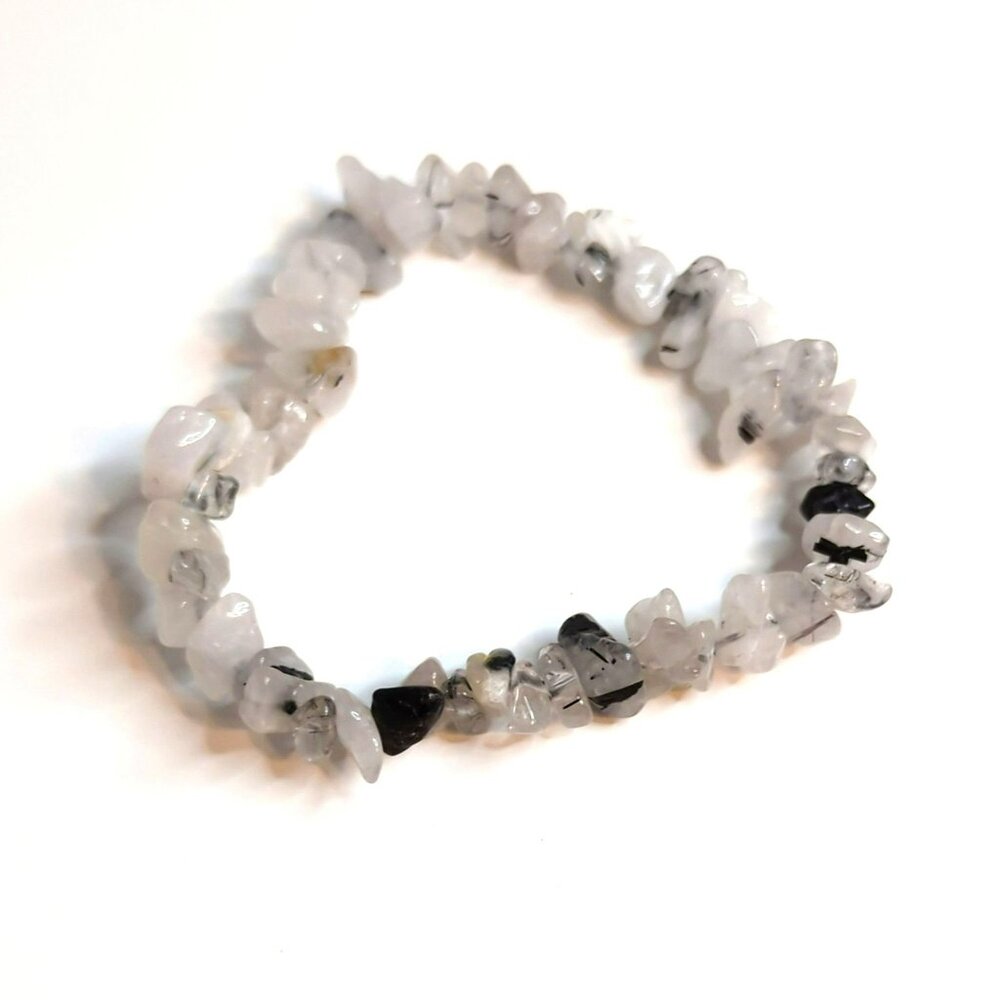Black & White Quartz Chip Stretch Bracelet Gemstone Chakra Style - Picture 2 of 4